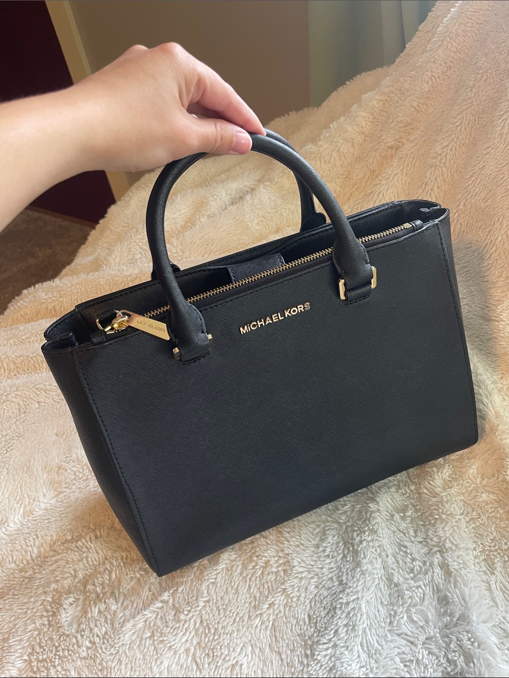 Michael Kors Black Saffiano Satchel Purse Bag with Gold Hardware